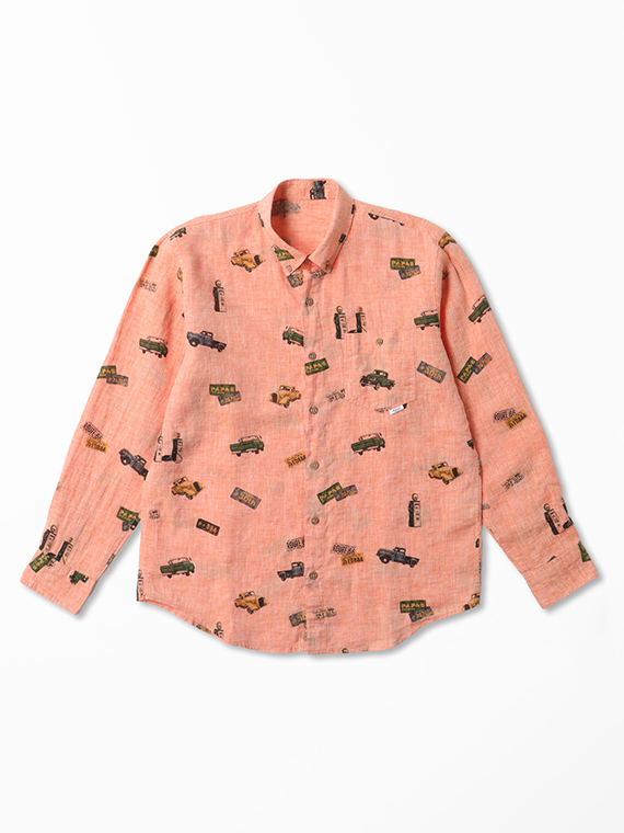 フレンチリネンシャンブレー ピックアップトラック プリントシャツ