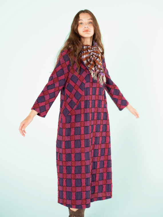 ウール/コットン 風通 ガーゼ チェック ワンピース