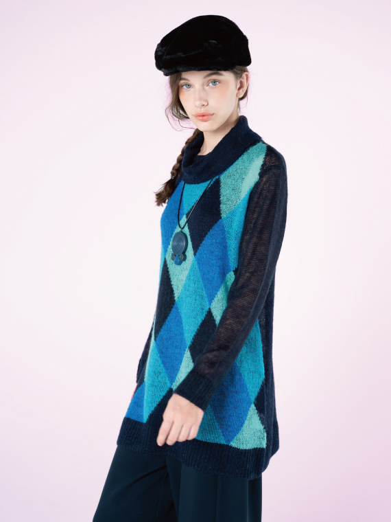 シアー ニット ダイヤ柄 オフタートル チュニック