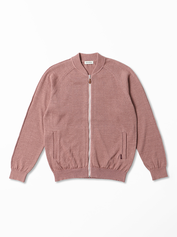 リネン/ポリエステル リブ衿ニットブルゾン