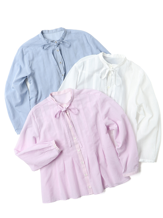 交織シフォン バンドカラーリボン付きブラウス