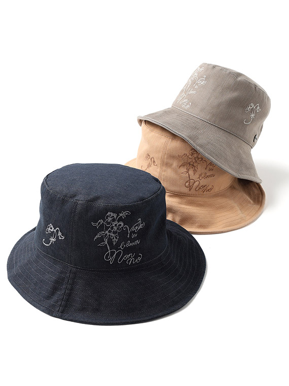 デニムライクストレッチクロス ビオラ柄刺繍入りクローシュハット