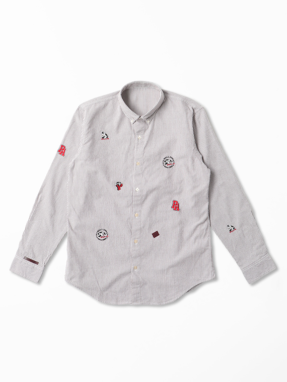 コットンピンオックスストライプ BOLL DOG柄 刺繍シャツ