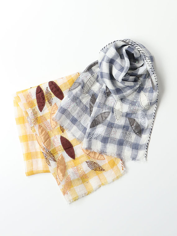 リーフ アップリケ ＆ 刺繍 ギンガム ストール