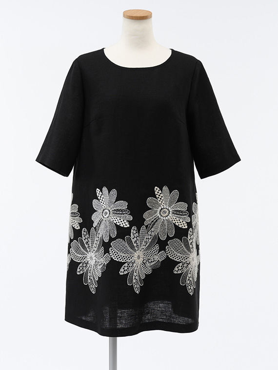 リネン × ビッグフラワー 刺繍 チュニック