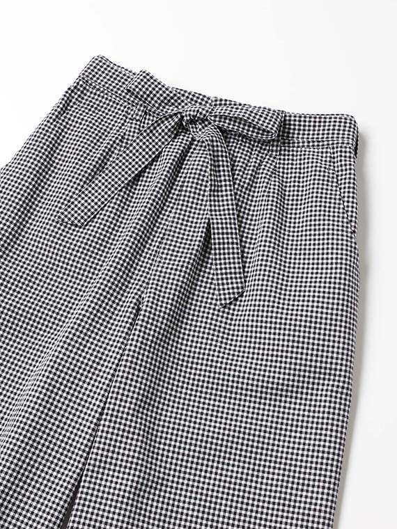 コットンリネンチェック ウエストリボンパンツ[8分丈]