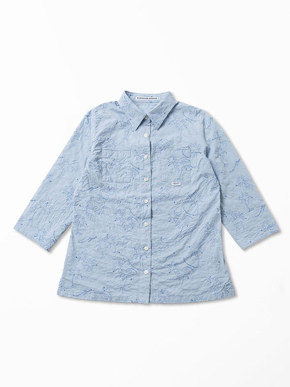 シャーリングローン パームツリー&ドット刺繍シャツ[7分袖]