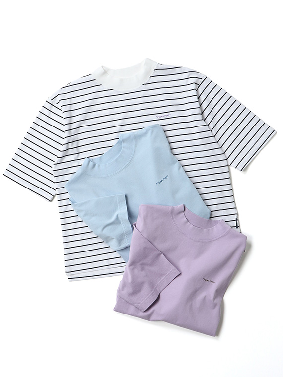 サイロプレミアム天竺ムジ&ボーダー ボトルネックTシャツ