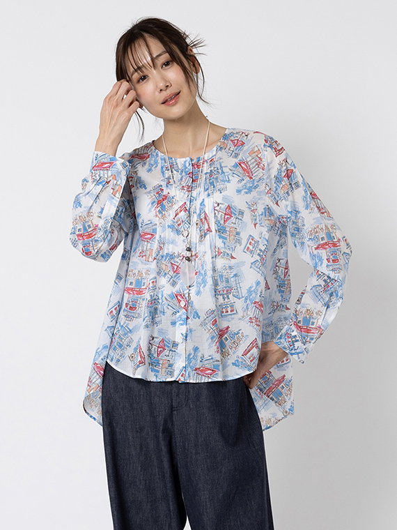 カフェ プリント ブラウス