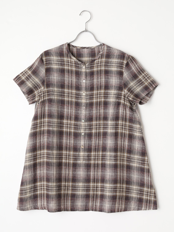 ＼カラー追加／【SALE】リネン平織りルポワンチェックCC加工 ノーカラー半袖チュニック