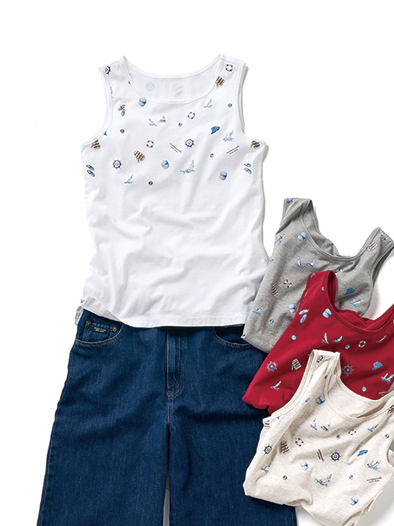 コンパクトヤーンエアロシフォン加工 マリン柄タンクトップ