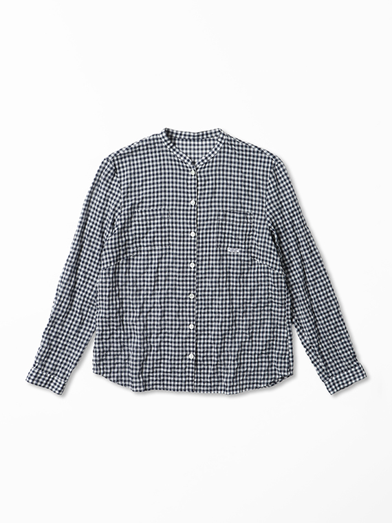 チェックシャーリングワッシャー バンドカラーブラウス