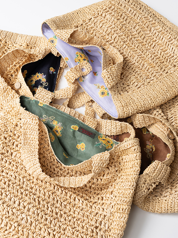 フラワーリースブーケプリントライニング ラフィアバッグ