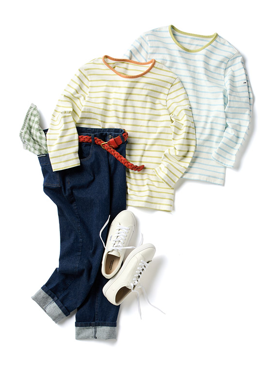 度詰天竺 ボーダーTシャツ[8分袖]