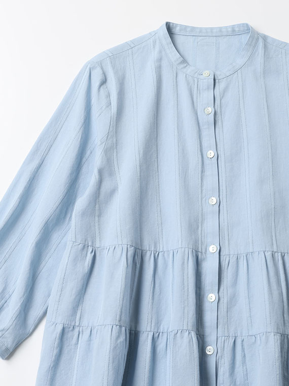 綿麻レノクロスストライプ バンドカラーティアードチュニック