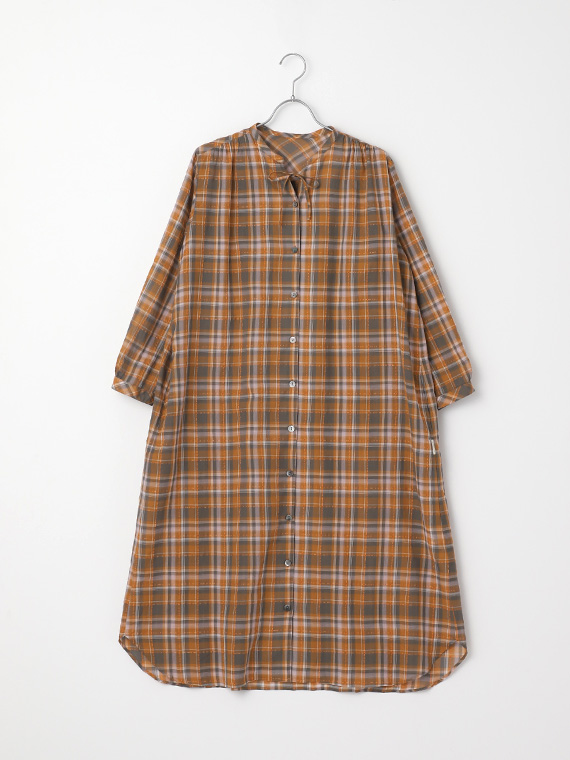 【SALE】コットン/ポリエステルローンソフトサッカーチェック　スキッパーカラーリボンワンピース【9分袖】