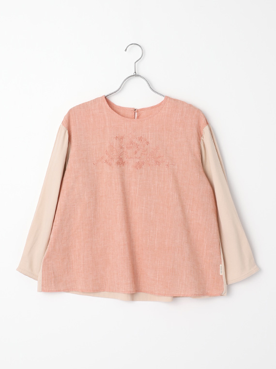 【SALE】超長綿天竺×綿麻シャンブレー エンブロイダリーブラウス【8分袖】