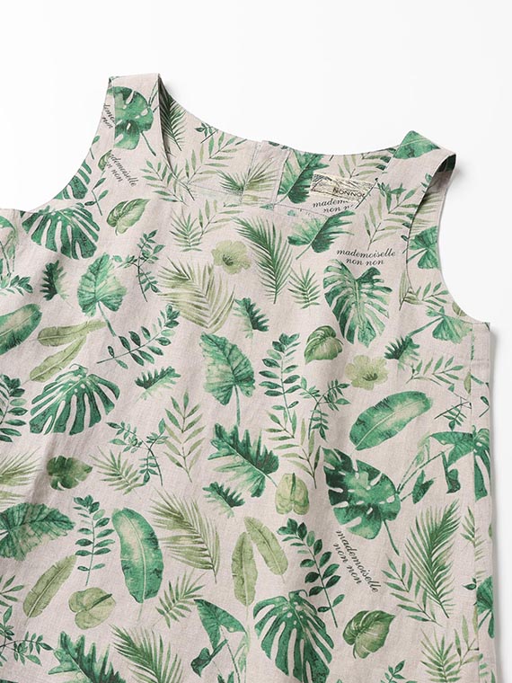 リーフプリント ノースリーブフレアーブラウス