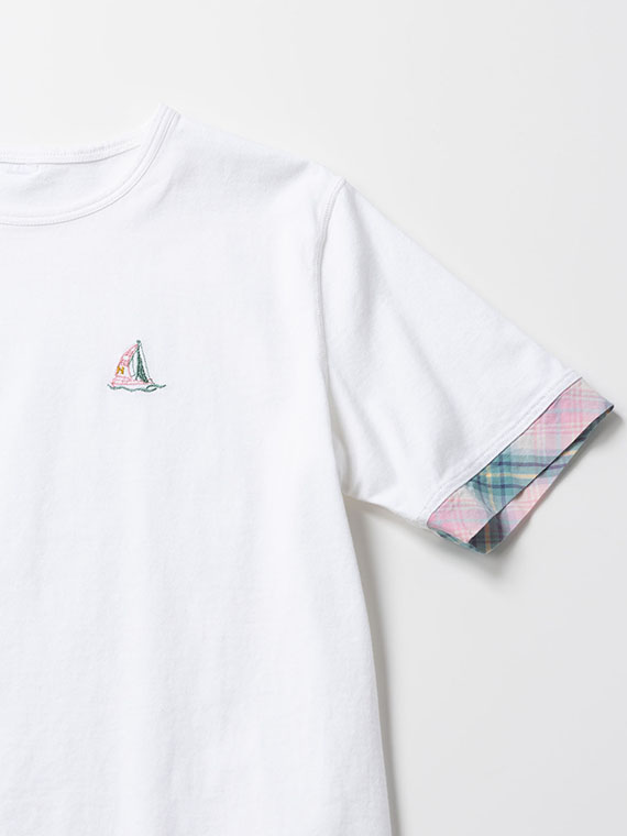 ガス焼き天竺 袖口チェック切替Tシャツ