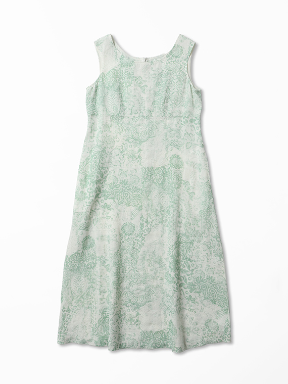 《入荷リクエスト受付中》 フレンチリネン × かすりアート プリント ノースリーブ ワンピース