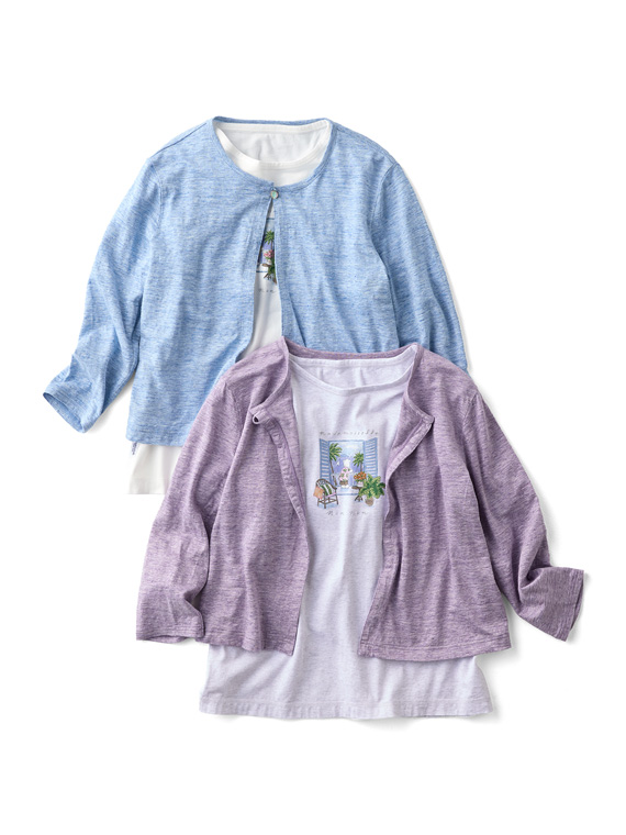 ウオッシャブルリネンTOP天竺 カーディガン[8分袖]