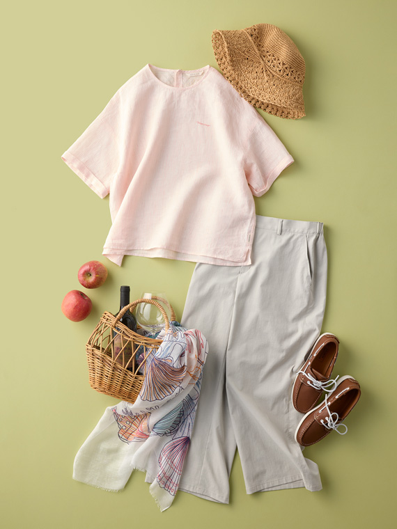 ノルマンディリネンムジ&ストライプ Tブラウス