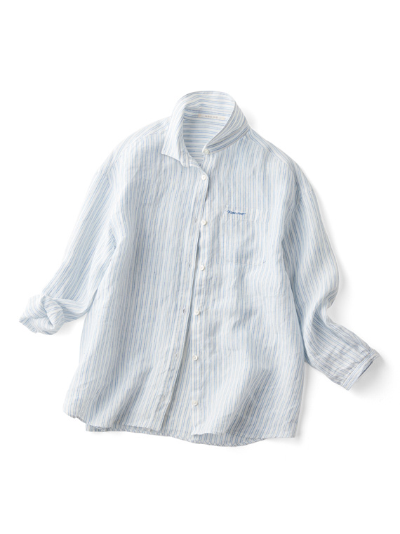 ノルマンディリネンムジ&ストライプ オーバーサイズシャツ[9分袖]