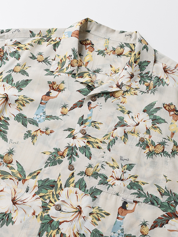 Papas40周年記念 レーヨン ハイビスカスプリント 開襟半袖シャツ