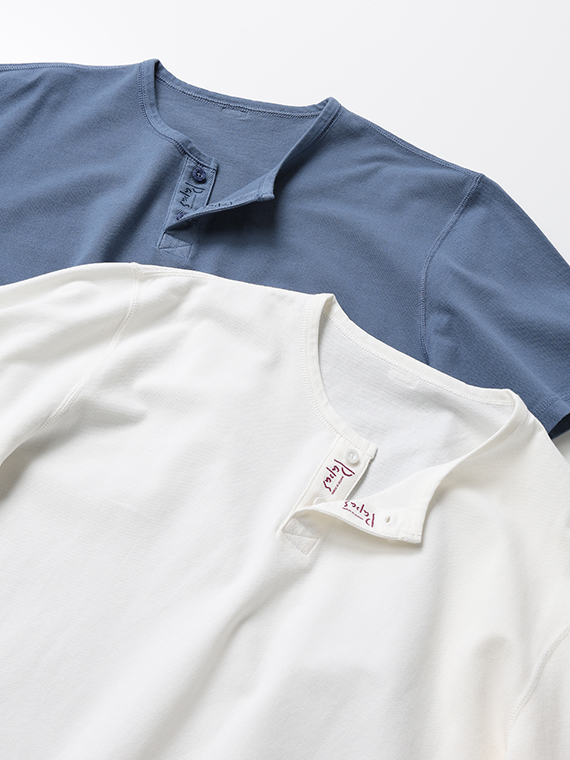 50/2鹿の子 中白染加工ヘンリーネックTシャツ