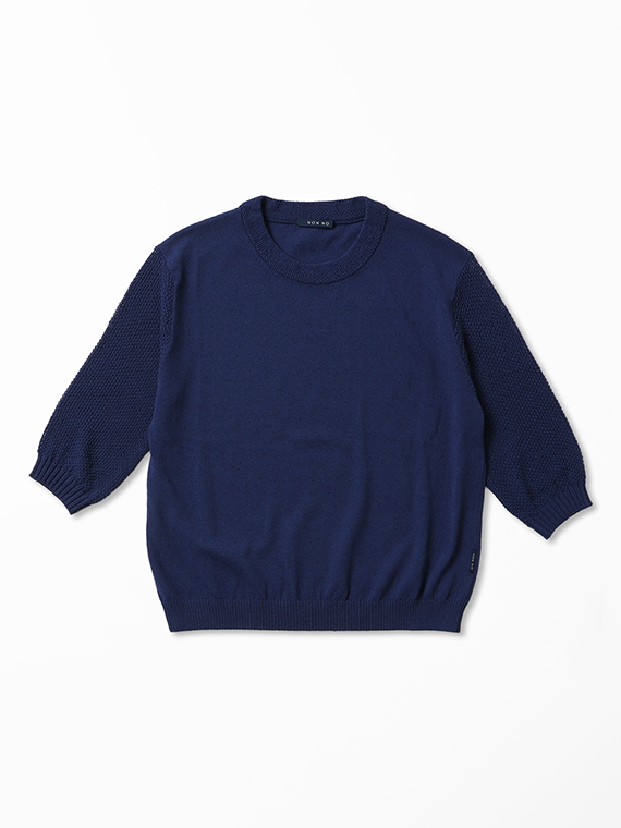 綿麻ミックスウオッシャブル 透かし柄スリーブニットプルオーバー