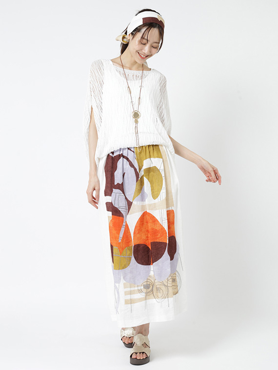 リネン ｘ グラフィカル プリント スカーフ付き スカート