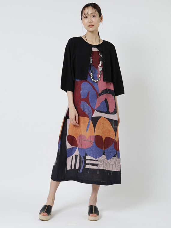 《入荷リクエスト受付中》 リネン ｘ グラフィカル プリント ノースリーブ ワンピース