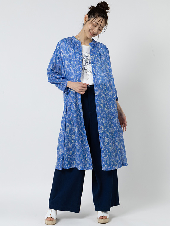 ボイル ｘ チンツプリント バンドカラー ワンピース