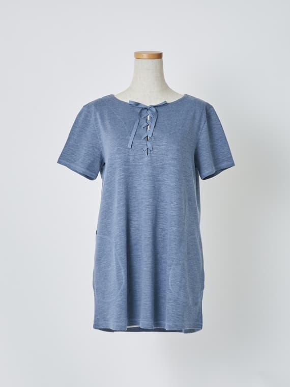【SALE】キュプラ/リネン リバーニット　クルーネック半袖チュニック