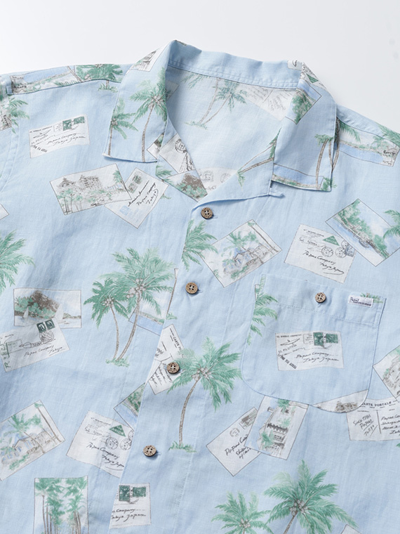 60/1リネン パームツリー&ポストカードプリント半袖シャツ