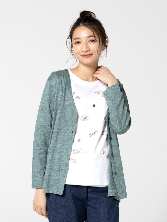 ウオッシャブルリネンTOP天竺 Vネックカーディガン