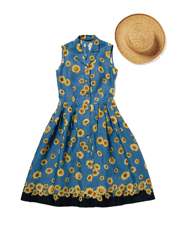 リネンプリント SUNFLOWER柄ノースリーブワンピース