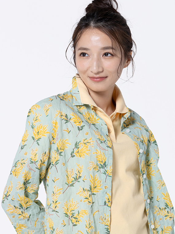 シャーリングローン ミモザプリント8分袖ブラウス