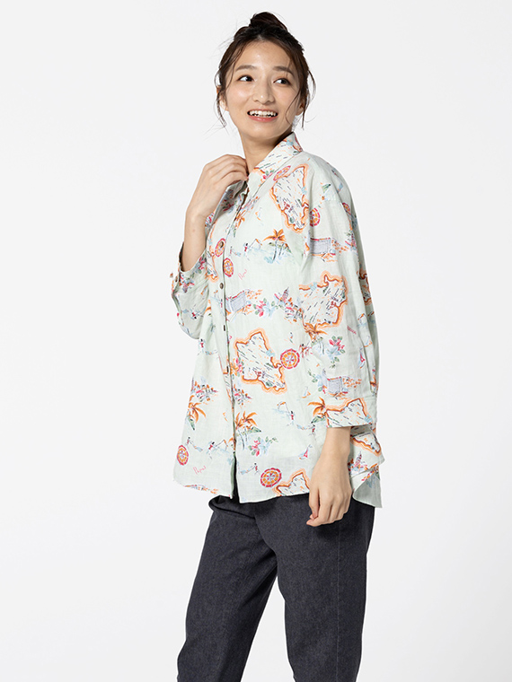 リネンプリント リゾートハワイ柄シャツ[8分袖]