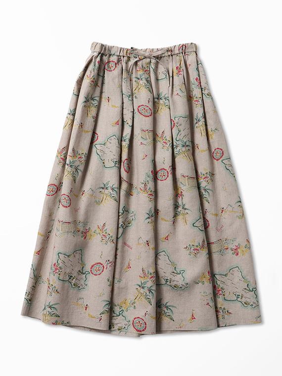 リネンプリント リゾートハワイ柄車ひだタックスカート