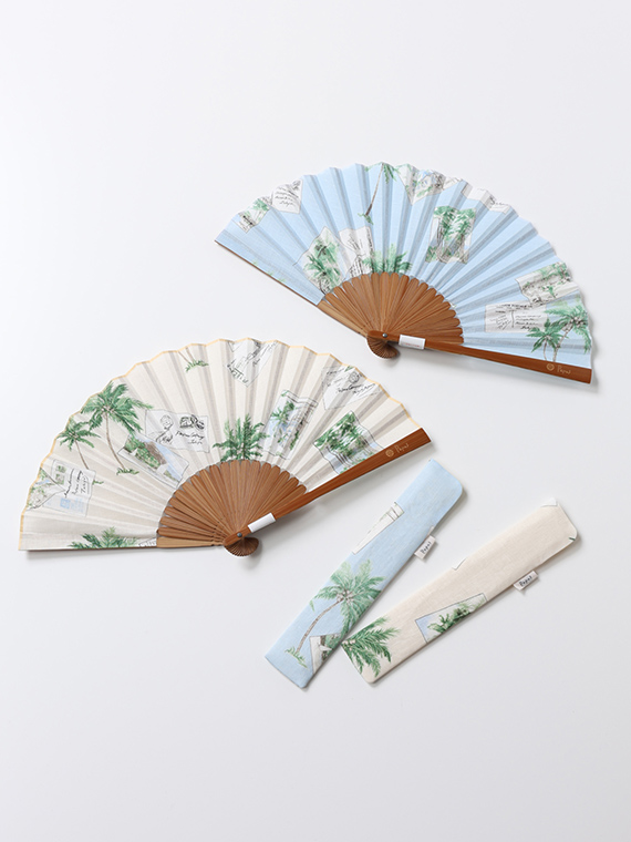60/1リネン パームツリー&ポストカードプリント扇子