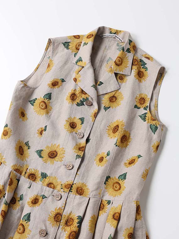 リネンプリント SUNFLOWER柄ノースリーブワンピース