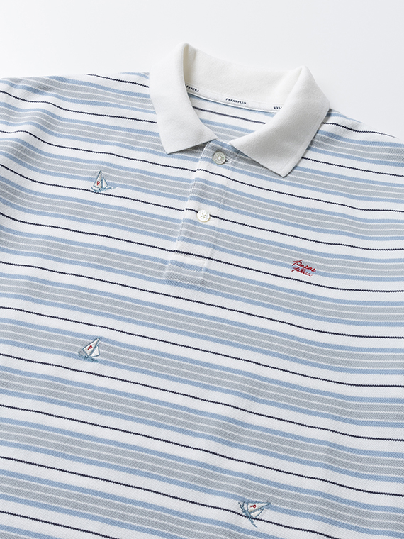 鹿の子ボーダー ヨット柄 半袖ポロシャツ