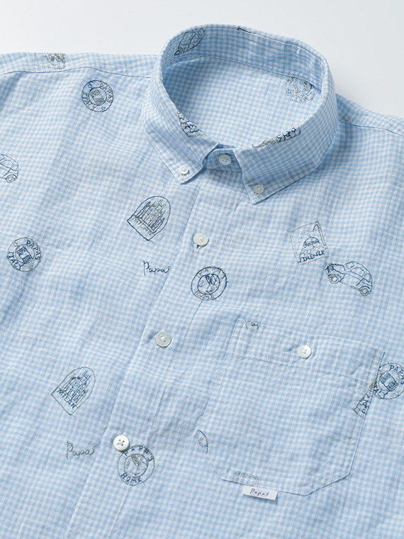 60/1リネンストラップ&チェック刺繍 半袖シャツ