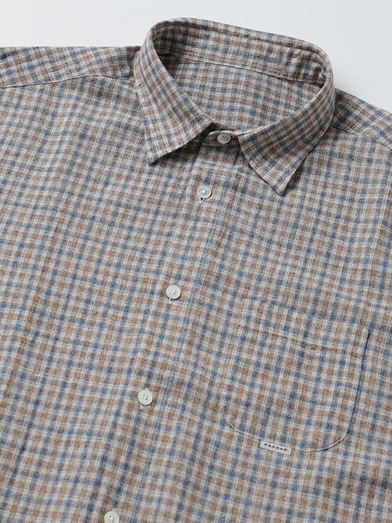 綿麻 平織チェック半袖シャツ