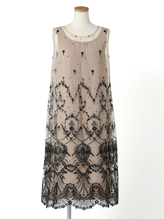 チュール × レース刺繍 ノースリーブ ワンピース