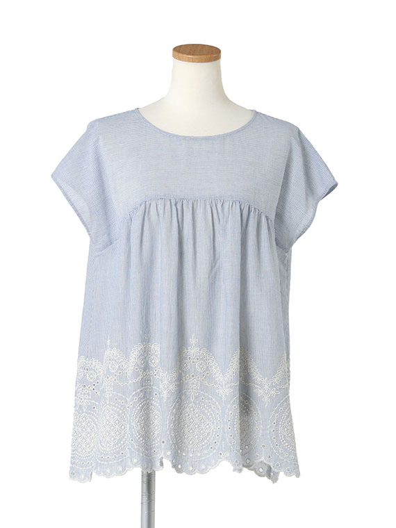 コットン ボイル ストライプ × スカラップ レース刺繍 ブラウス