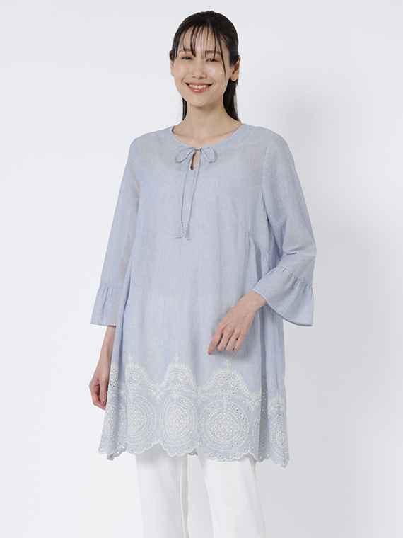 コットン ボイル ストライプ × スカラップ レース刺繍 チュニック