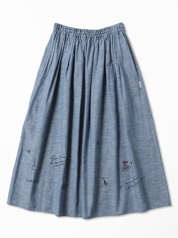 オーガニックコットンムラ糸ダンガリー 刺繍入りタック＆ギャザースカート