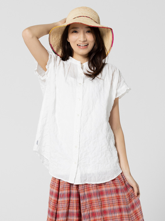 オーガニックコットンローンチェックシャーリング フレンチスリーブブラウス